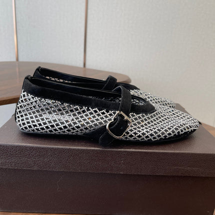 ALAIA 26S MESH FLATS IN BLACK SUEDE AND WHITE RHINESTONE-EMBELLISHED