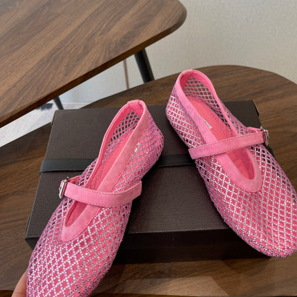 ALAIA 26S MESH FLATS IN PINK SUEDE RHINESTONE-EMBELLISHED