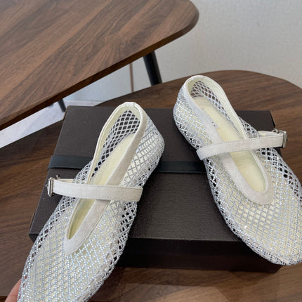ALAIA 26S MESH FLATS IN WHITE SUEDE RHINESTONE-EMBELLISHED