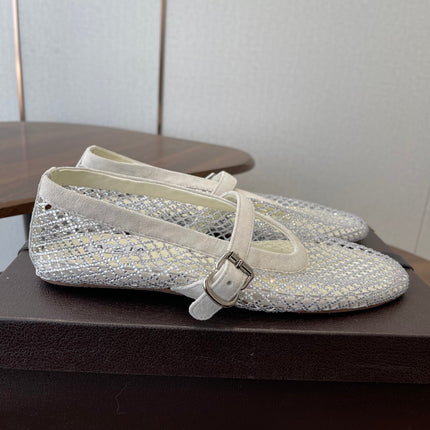 ALAIA 26S MESH FLATS IN WHITE SUEDE RHINESTONE-EMBELLISHED