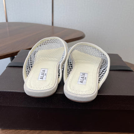 ALAIA 26S FLAT MULES IN CREAM WHITE SUEDE AND MESH RHINESTONE-EMBELLISHED