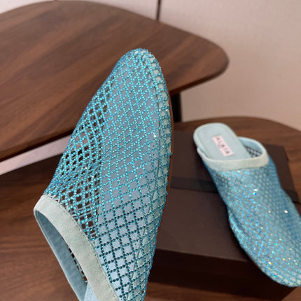 ALAIA 26S FLAT MULES IN BLUE SUEDE AND MESH RHINESTONE-EMBELLISHED
