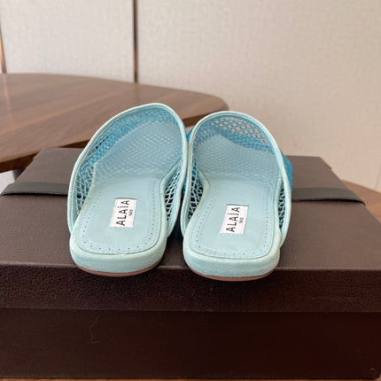 ALAIA 26S FLAT MULES IN BLUE SUEDE AND MESH RHINESTONE-EMBELLISHED