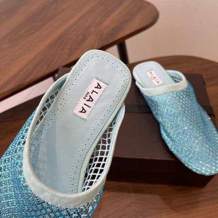 ALAIA 26S FLAT MULES IN BLUE SUEDE AND MESH RHINESTONE-EMBELLISHED