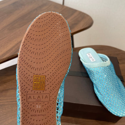 ALAIA 26S FLAT MULES IN BLUE SUEDE AND MESH RHINESTONE-EMBELLISHED