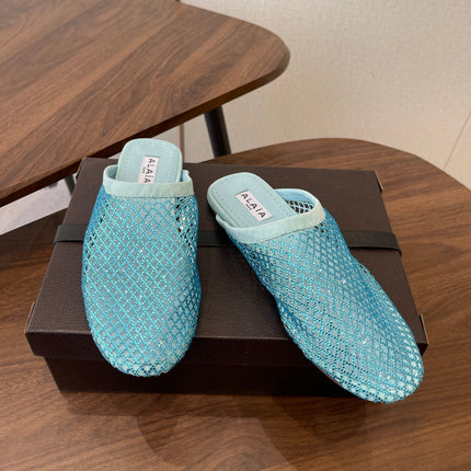 ALAIA 26S FLAT MULES IN BLUE SUEDE AND MESH RHINESTONE-EMBELLISHED