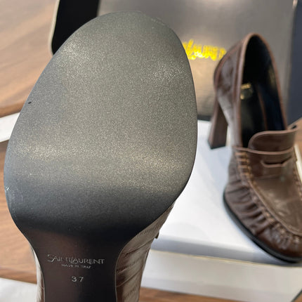 YSL 26S HEELED LOAFERS 100 MM IN DARK BROWN CALFSKIN