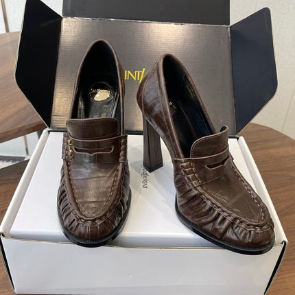 YSL 26S HEELED LOAFERS 100 MM IN DARK BROWN CALFSKIN