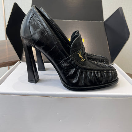 YSL 26S HEELED LOAFERS 100 MM IN BLACK SHINY CALFSKIN