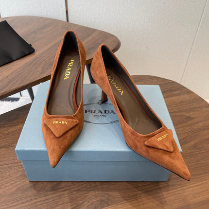 PRADA 26S POINTED TOE HIGH HEELS 75MM IN CARAMEL BROWN SUEDE WITH LOGO