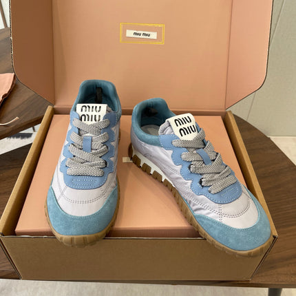 MIUMIU 26S SNEAKERS IN LIGHT GRAY AND BLUE FABRIC AND SUEDE