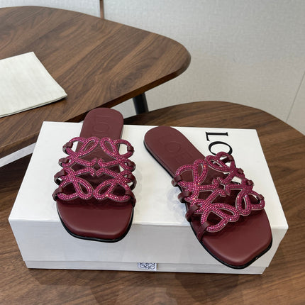 LOEWE 26S FLAT SANDALS IN WINE RED CALFSKIN WITH CRYSTALS