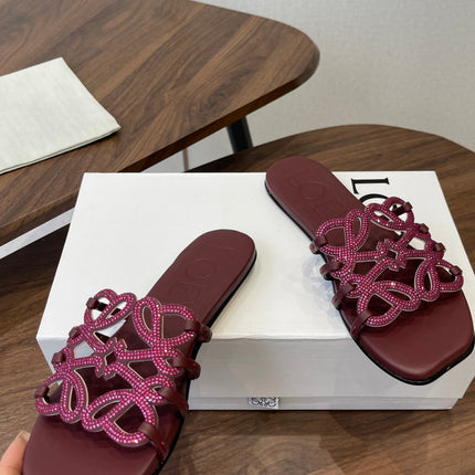 LOEWE 26S FLAT SANDALS IN WINE RED CALFSKIN WITH CRYSTALS