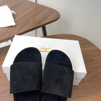 THE ROW 26S SLIDE SANDALS IN BLACK SUEDE