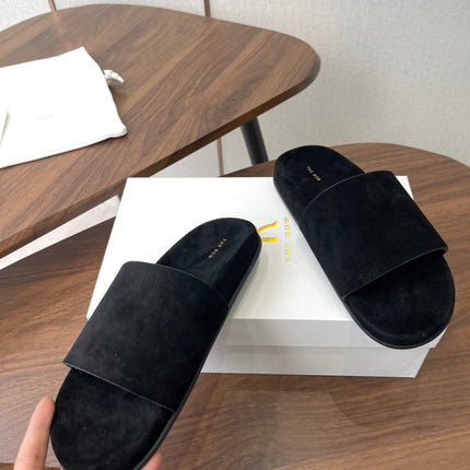 THE ROW 26S SLIDE SANDALS IN BLACK SUEDE