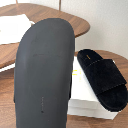 THE ROW 26S SLIDE SANDALS IN BLACK SUEDE