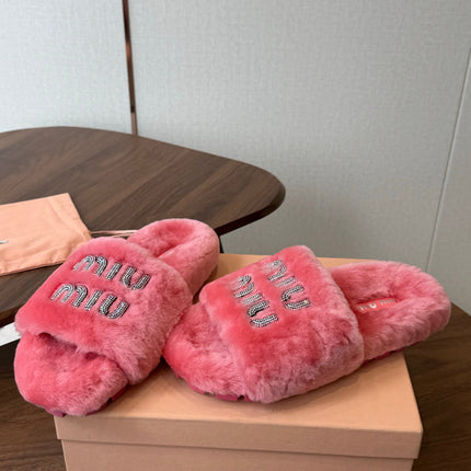 MIUMIU 26S CRYSTAL LOGO SLIDES IN PINK SHEARLING