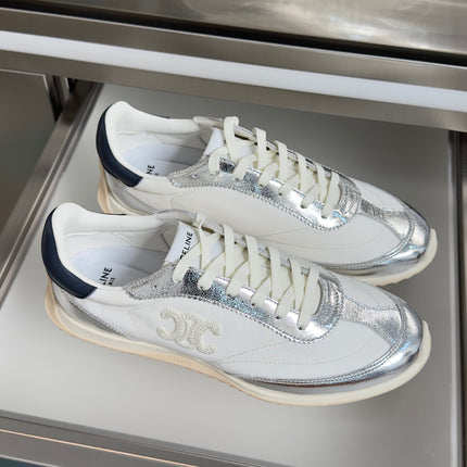 CELINE 26S RACER SNEAKERS IN WHITE FABRIC AND SILVER CALFSKIN
