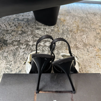 YSL 26S HEELED SLINGBACKS 100 MM IN BLACK AND WHITE SILK