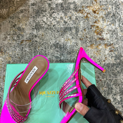AQUAZZURA 26S CRYSTAL MULES 90 MM IN DARK PINK SATIN