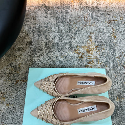 AQUAZZURA 26S BELGRAVIA PUMPS 100 MM IN GOLD AND BEIGE SUEDE