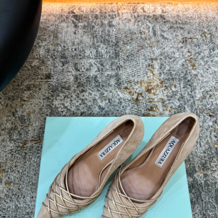 AQUAZZURA 26S BELGRAVIA PUMPS 100 MM IN GOLD AND BEIGE SUEDE