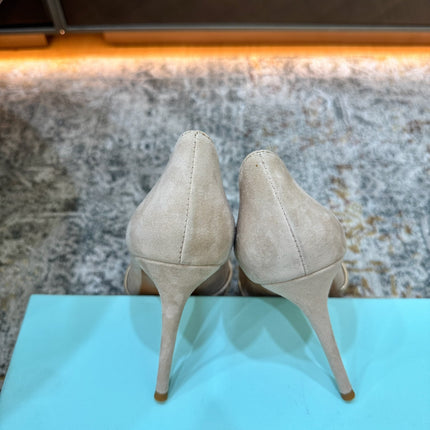 AQUAZZURA 26S BELGRAVIA PUMPS 100 MM IN GOLD AND BEIGE SUEDE