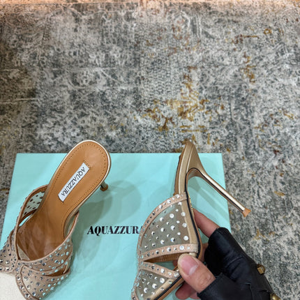 AQUAZZURA 26S HIGH-HEEL SANDALS 105 MM IN LIGHT GOLD CALFSKIN AND MESH