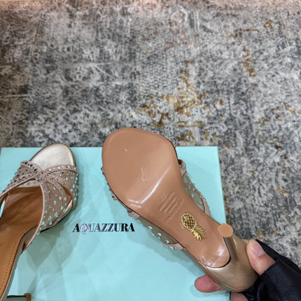 AQUAZZURA 26S HIGH-HEEL SANDALS 105 MM IN LIGHT GOLD CALFSKIN AND MESH