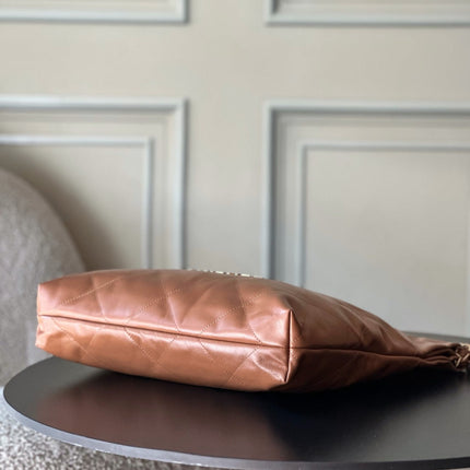 CHANEL 26S 22 BAG 42 IN CARAMEL BROWN QUILTED SHINY CALFSKIN