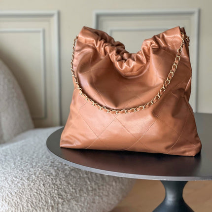 CHANEL 26S 22 BAG 42 IN CARAMEL BROWN QUILTED SHINY CALFSKIN