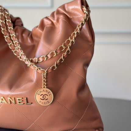 CHANEL 26S 22 BAG 42 IN CARAMEL BROWN QUILTED SHINY CALFSKIN