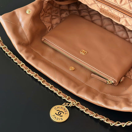 CHANEL 26S 22 BAG 42 IN CARAMEL BROWN QUILTED SHINY CALFSKIN