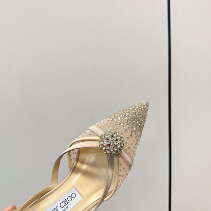 JIMMY CHOO 26S POINTED-TOE HIGH HEELS IN BEIGE CRYSTAL EMBELLISHMENT