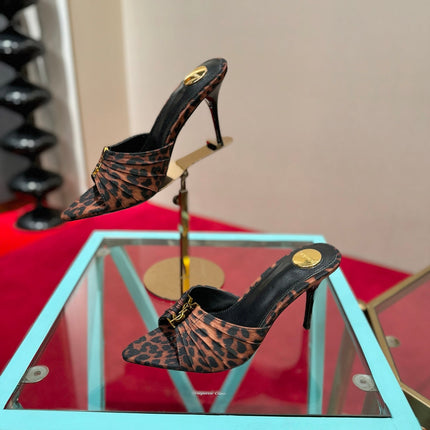YSL 26S BABYLONE POINTED TOE HIGH HEELS 100 MM IN LEOPARD PRINT DENIM
