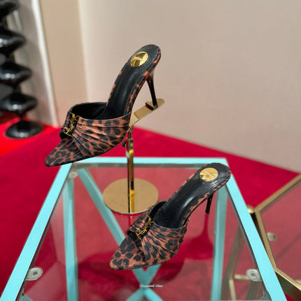 YSL 26S BABYLONE POINTED TOE HIGH HEELS 100 MM IN LEOPARD PRINT DENIM