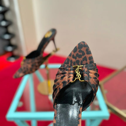 YSL 26S BABYLONE POINTED TOE HIGH HEELS 100 MM IN LEOPARD PRINT DENIM