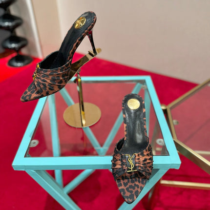 YSL 26S BABYLONE POINTED TOE HIGH HEELS 100 MM IN LEOPARD PRINT DENIM