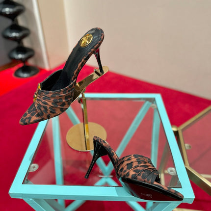 YSL 26S BABYLONE POINTED TOE HIGH HEELS 100 MM IN LEOPARD PRINT DENIM