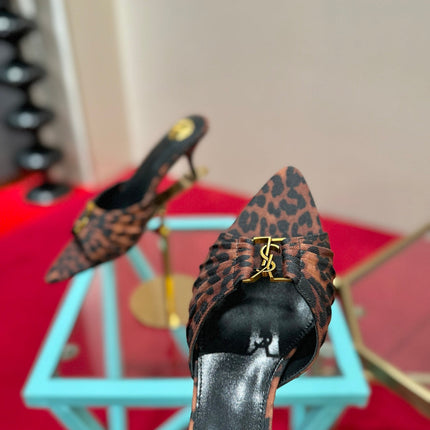 YSL 26S BABYLONE POINTED TOE HIGH HEELS 60 MM IN LEOPARD PRINT DENIM