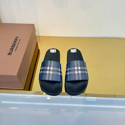 BURBERRY 26S SLIDES SANDAL IN BLACK BLUE CALFSKIN