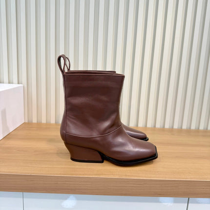 LOEWE 26S SQUARE TOE MID CALF WEDGE BOOTS IN BROWN CALFSKIN