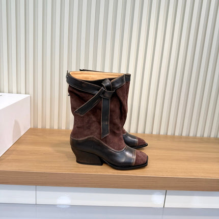 LOEWE 26S MID CALF BOOTS IN DARK BROWN SUEDE AND CALFSKIN