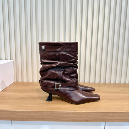 LOEWE 26S SLOUCHY MID CALF BOOTS IN BURGUNDY RED CALFSKIN SILVER HARDWARE