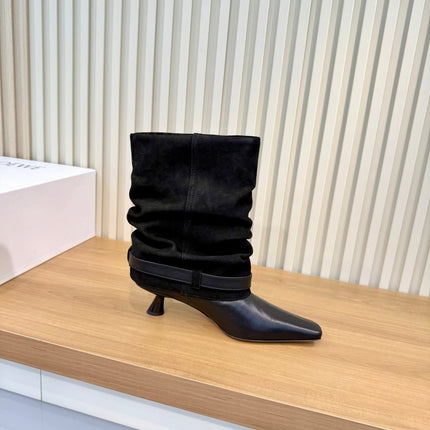 LOEWE 26S SLOUCHY MID CALF BOOTS IN BLACK SUEDE AND CALFSKIN SILVER HARDWARE