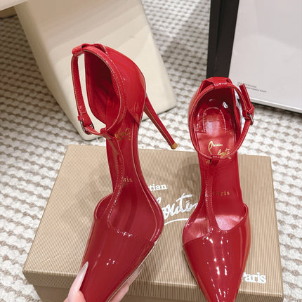 CHRISTIAN LOUBOUTIN 26S T-STRAP PUMP 100 MM IN DARK RED PATENT CALFSKIN