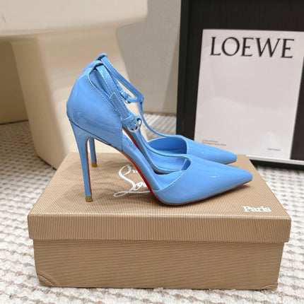 CHRISTIAN LOUBOUTIN 26S T-STRAP PUMP 100 MM IN BLUE PATENT CALFSKIN
