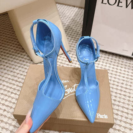 CHRISTIAN LOUBOUTIN 26S T-STRAP PUMP 100 MM IN BLUE PATENT CALFSKIN