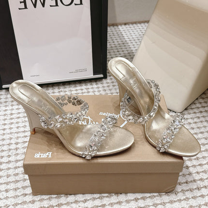 CHRISTIAN LOUBOUTIN 26S HEEL SANDALS 100 MM IN LIGHT METALLIC GOLD RHINESTONE-EMBELLISHED CALFSKIN AND PVC
