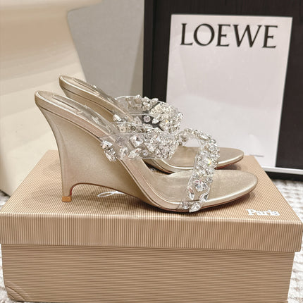 CHRISTIAN LOUBOUTIN 26S HEEL SANDALS 100 MM IN LIGHT METALLIC GOLD RHINESTONE-EMBELLISHED CALFSKIN AND PVC